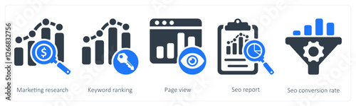 A set of 5 seo icons as marketing research, keyword ranking, page view