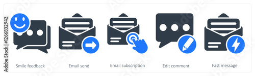 A set of 5 seo icons as smile feedback, email send, email supscription