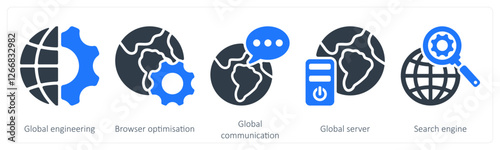 A set of 5 seo icons as global engineering, browser optimization, global communication