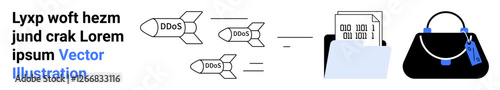 Cyberattack missiles labeled DDoS move toward a document in a folder, alongside a handbag symbolizing cybersecurity threats. Ideal for technology, internet safety, cybercrime, data protection