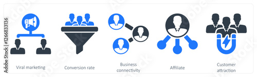 A set of 5 seo icons as viral marketing, conversion rate, business connectivity