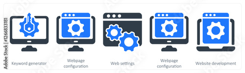A set of 5 seo icons as keyword generator, webpage configuration, web settings