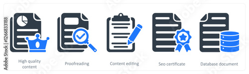A set of 5 seo icons as high quality content, proofreading, content editing