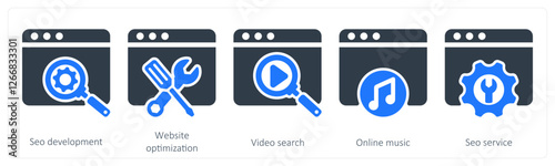 A set of 5 seo icons as seo development, website optmization, video search