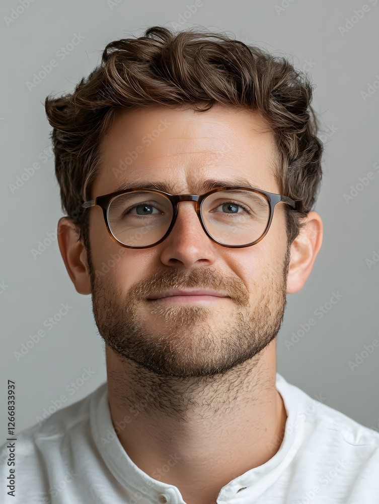Obraz premium Male with glasses and beard smiling at camera in casual setting with friendly expression