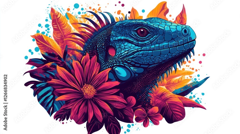 Fototapeta premium Iguana portrait in vivid colors, a tropical graphic design element for art and prints, against white
