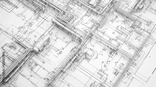 Industrial piping design blueprint, complex mechanical system, technical drawing