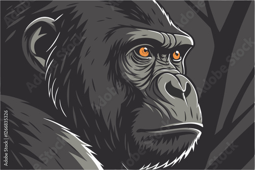  A close-up photograph of a gorilla's face, with intense, piercing orange eyes and a deep, thoughtful expression. The gorilla's fur is dark and textured, with a prominent brow ridge and deep wrinkl