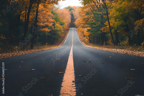 A winding road through vibrant autumn foliage, inviting exploration and tranquility.