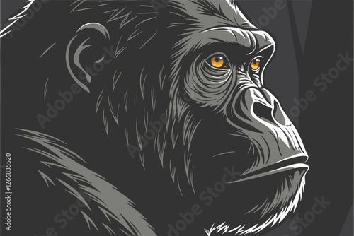  A close-up photograph of a gorilla's face, with intense, piercing orange eyes and a deep, thoughtful expression. The gorilla's fur is dark and textured, with a prominent brow ridge and deep wrinkl