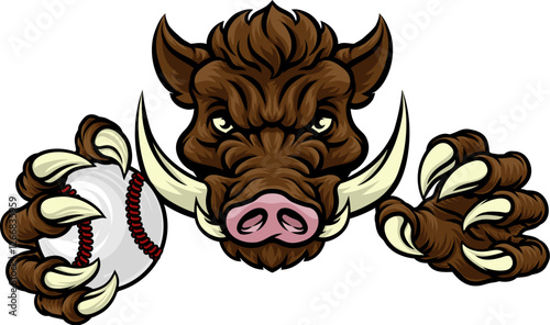 A wild boar, hog razorback warthog pig mean tough cartoon sports mascot holding a baseball ball photo