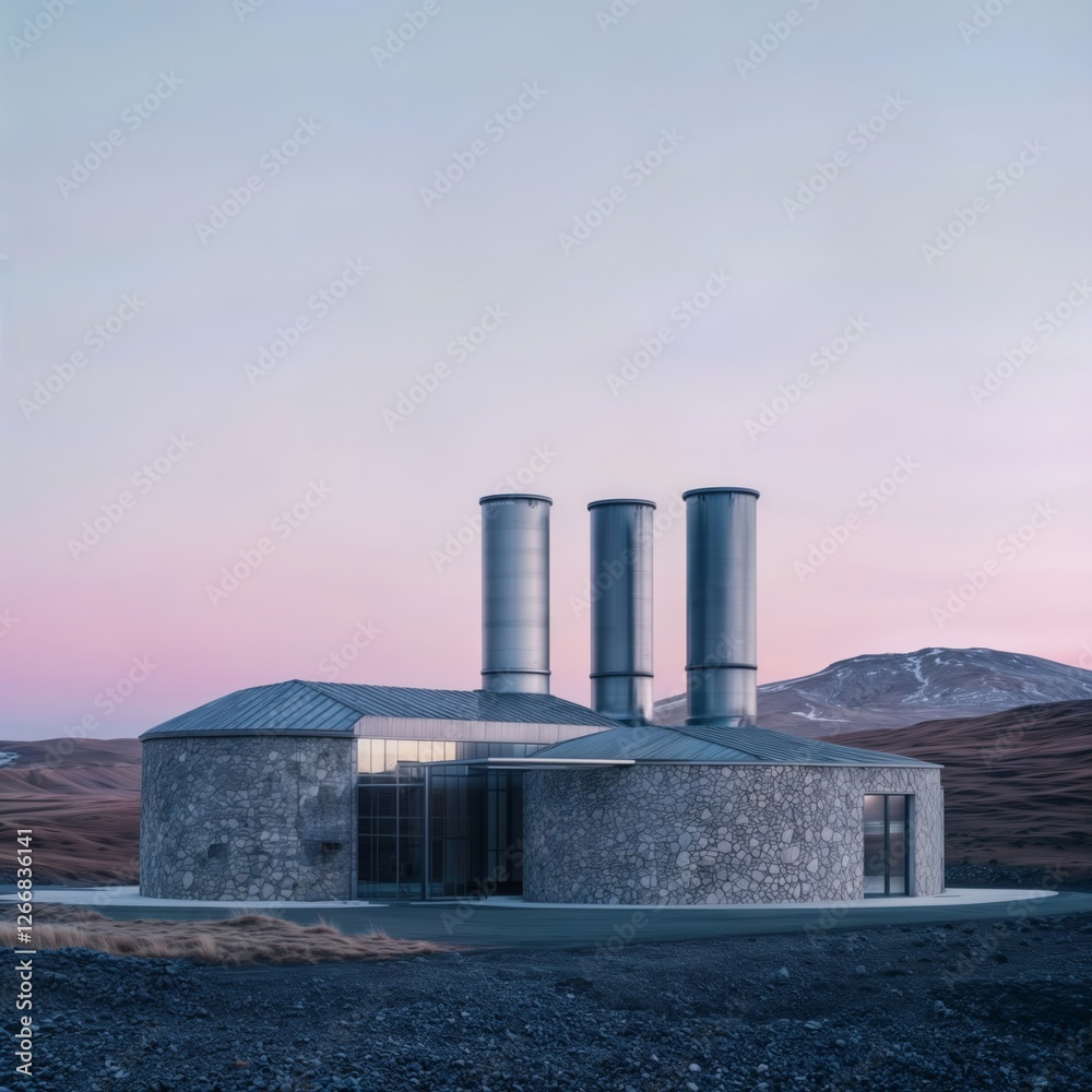 Obraz premium Geothermal plant. Exterior of a modern geothermal power station in a snowy, mountainous area at dusk.