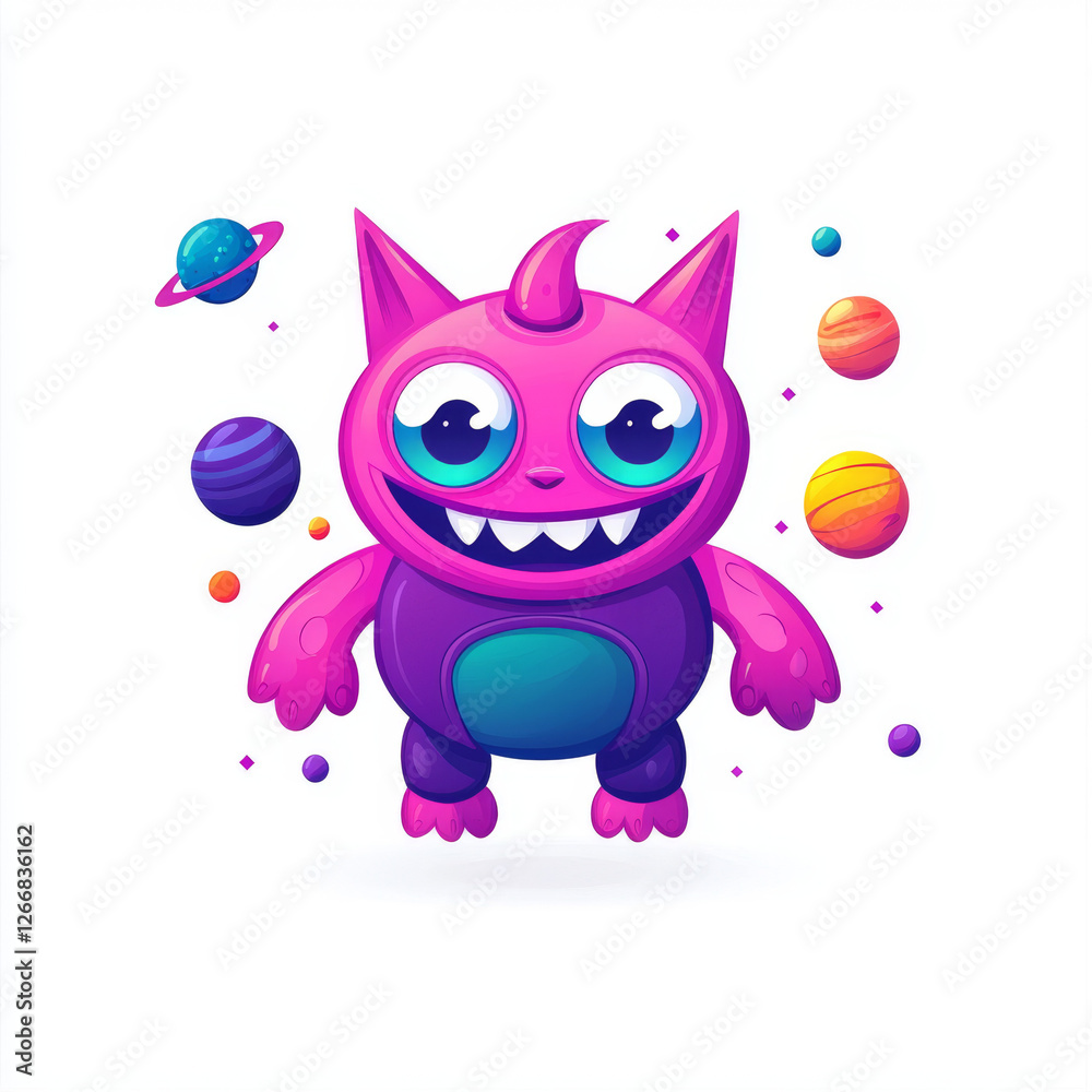 Fototapeta premium Cute Pink Cartoon Furry Cat with a Playful Look