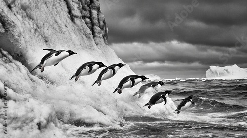 93.A dramatic moment as a group of Adelie penguins dive headfirst into the ocean from the ice floe, their wings outstretched in mid-air, with the rugged Antarctic shoreline of Paulet Island providing