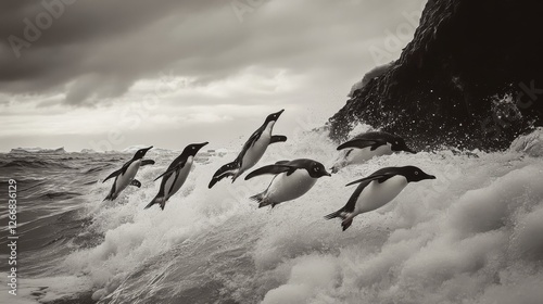 93.A dramatic moment as a group of Adelie penguins dive headfirst into the ocean from the ice floe, their wings outstretched in mid-air, with the rugged Antarctic shoreline of Paulet Island providing