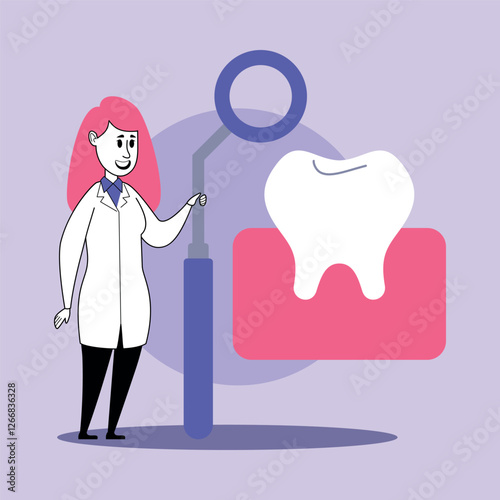 Dentist explaining dental care while holding dental tool and standing at large cartoon tooth. Oral hygiene and health education concept