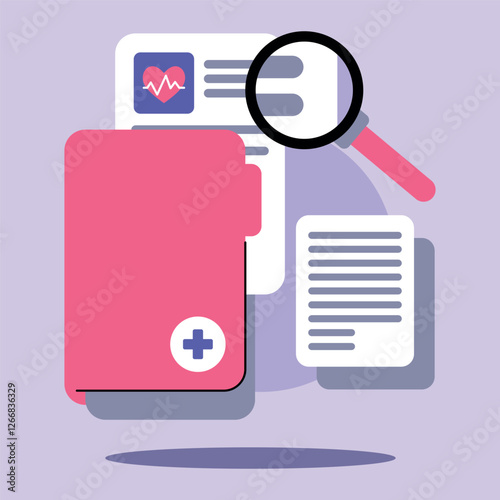 Different elements representing modern healthcare, including health records, magnifying glass, and medical tools. Digital transformation in medicine concept