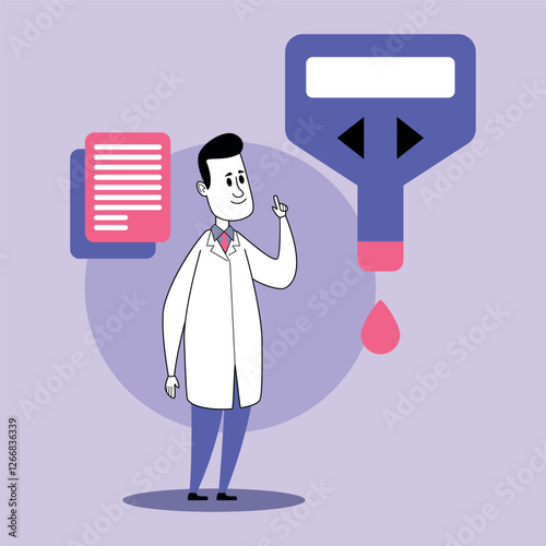 Medical expert in lab coat standing with confidence, pointing, while blood droplet graphic and documents suggesting discussion on analysis techniques in clinical setting