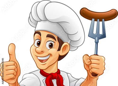 A chef cartoon barbecue cook man giving a thumbs up and holding a hotdog or grilled sausage a BBQ or cooking fork and peeking around sign or menu, mascot character illustration