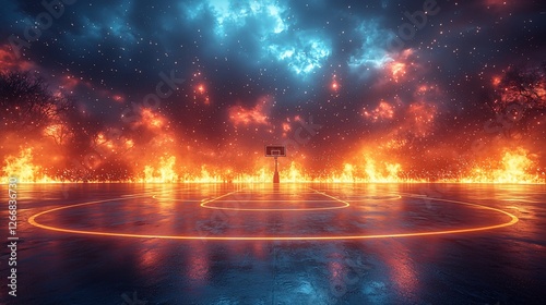 Dramatic basketball court engulfed in flames under a fiery sky, showcasing intense action
