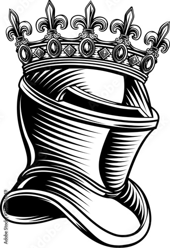 A knights helm medieval helmet in vintage woodcut etching engraved style