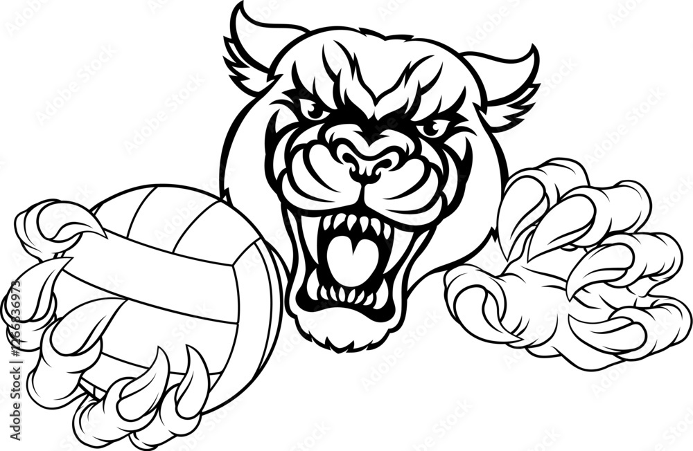 A panther jaguar leopard volleyball animal sports mascot holding a volley ball in his claw A panther jaguar leopard volleyball animal sports mascot holding a volley ball in his claw