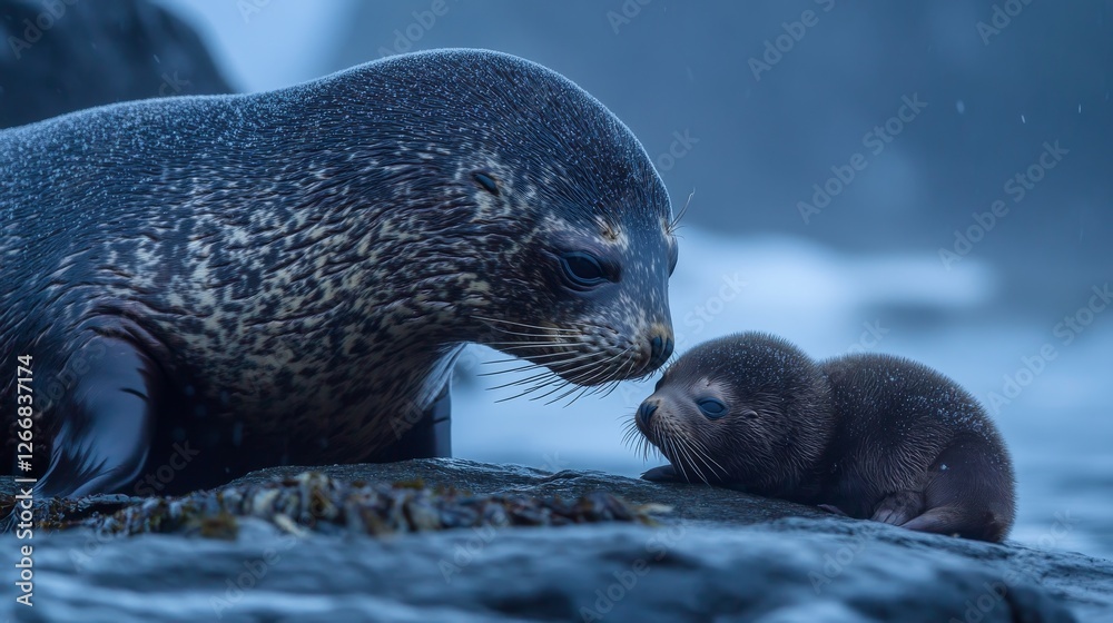 Obraz premium 68.A heartwarming image of an Antarctic fur seal and her baby, with the mother gently nuzzling her young one, both resting on a rocky shore, the soft light of dawn illuminating their fur in the cold,