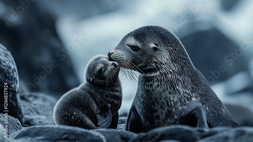 83.A loving moment between an Antarctic fur seal and her baby, with the mother gently kissing her pup on the forehead, both resting on a rocky shore under the soft light of a chilly Antarctic