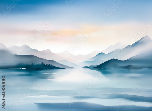 Serene vista of misty mountains fading into the horizon. Calm water reflects the soft, pastel sky and layered mountain ranges creating a peaceful, tranquil scene.