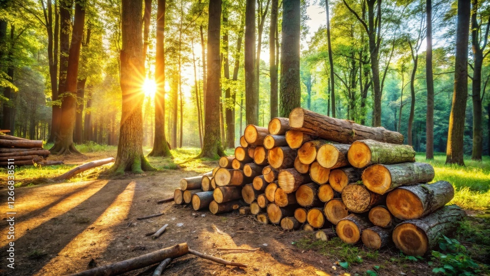 Golden Sunrise Illuminates a Stack of Logs in a Lush Forest Setting Golden Sunrise Illuminates a Stack of Logs in a Lush Forest Setting