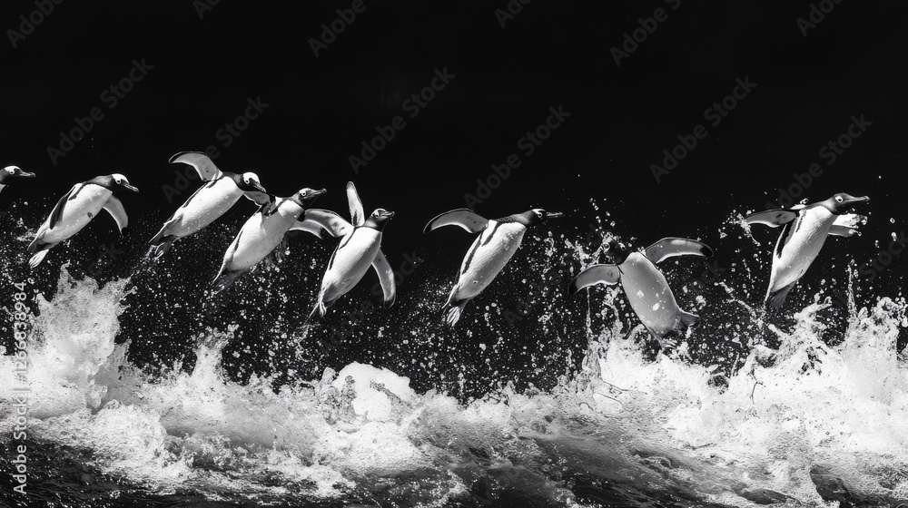 Fototapeta premium 91.Adelie Penguin, Pygoscelis Adeliae, Group Leaping into Ocean, Paulet Island in Antarctica