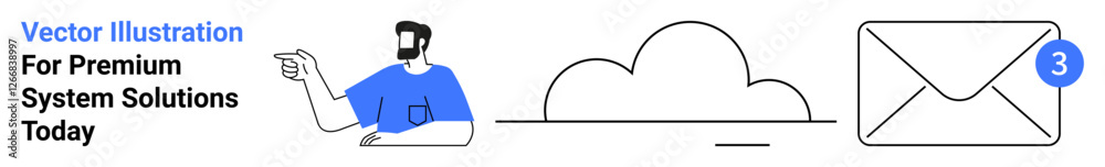 Man pointing at cloud storage and mail concept with notification icon. Ideal for communication, cloud storage, messaging, modern digital solutions, teamwork, innovation thinking, flat landing page Man pointing at cloud storage and mail concept with notification icon. Ideal for communication, cloud storage, messaging, modern digital solutions, teamwork, innovation thinking, flat landing page