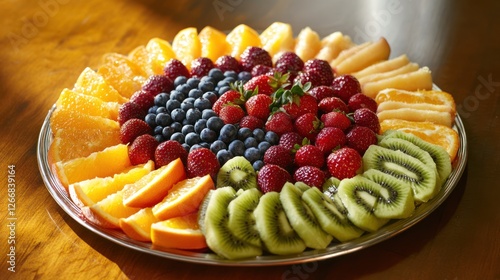 Colorful fruit platter on wooden table, sunlit