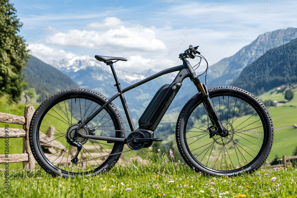 An electric mountain bike with a sleek black frame and a visible battery rests on a grassy hillside An electric mountain bike with a sleek black frame and a visible battery rests on a grassy hillside
