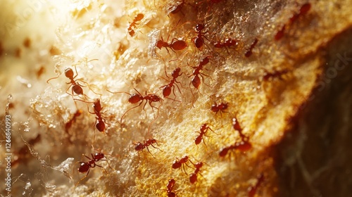 28.A swarm of red ants devouring a slice of bread, their movements creating a chaotic yet organized scene, with the breadâ€™s texture and golden hue providing a vivid contrast.