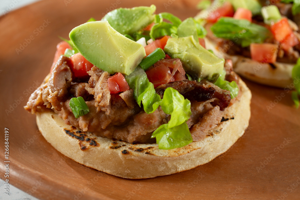 A closeup view of a carnitas sope, on a plate. A closeup view of a carnitas sope, on a plate.
