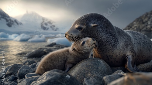 71.A sweet and emotional moment of an Antarctic fur seal mom kissing her baby, with both animals nestled on a rocky shore, their coats shining under the soft glow of the Antarctic sun, with the