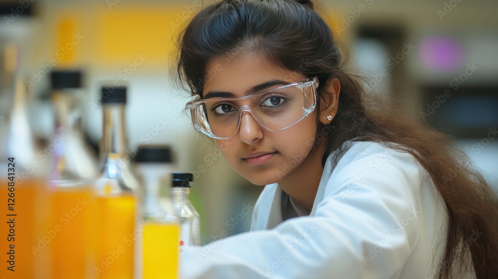 Young female scientist working in a lab, focused and determined, conducting experiments and research, in a scientific environment. Young female scientist working in a lab, focused and determined, conducting experiments and research, in a scientific environment.