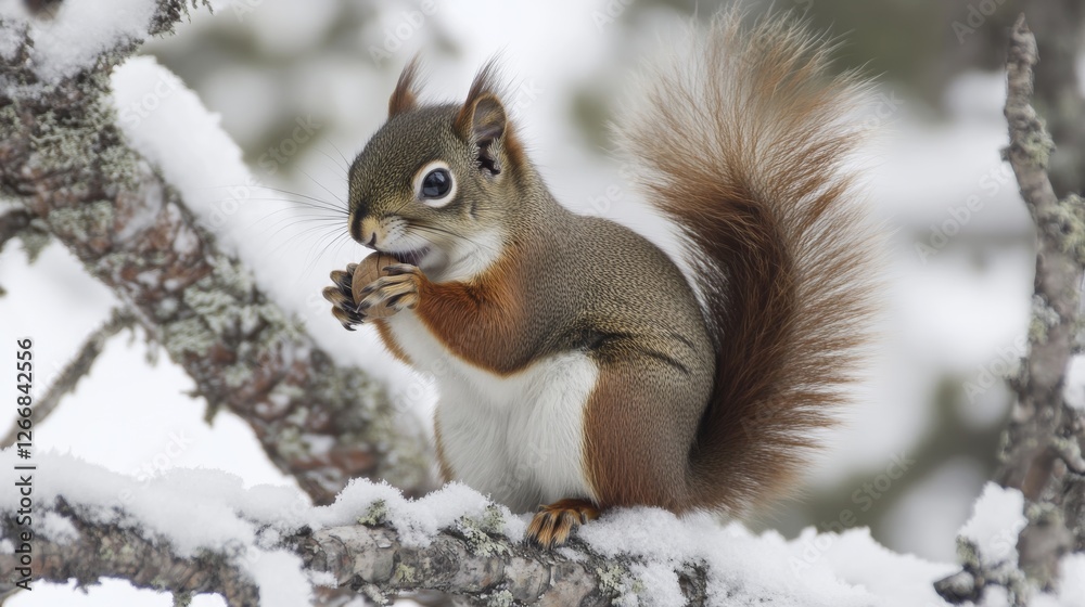 11.An adorable feeding moment captured as a red squirrel nibbles on a nut while sitting on a snow-dusted tree, its surroundings blanketed in pristine white snow under a soft, cloudy sky. 11.An adorable feeding moment captured as a red squirrel nibbles on a nut while sitting on a snow-dusted tree, its surroundings blanketed in pristine white snow under a soft, cloudy sky.