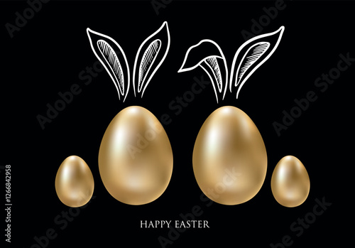Set of rabbits's ears with Gold eggs. Happy Easter. Hand drawn illustration.