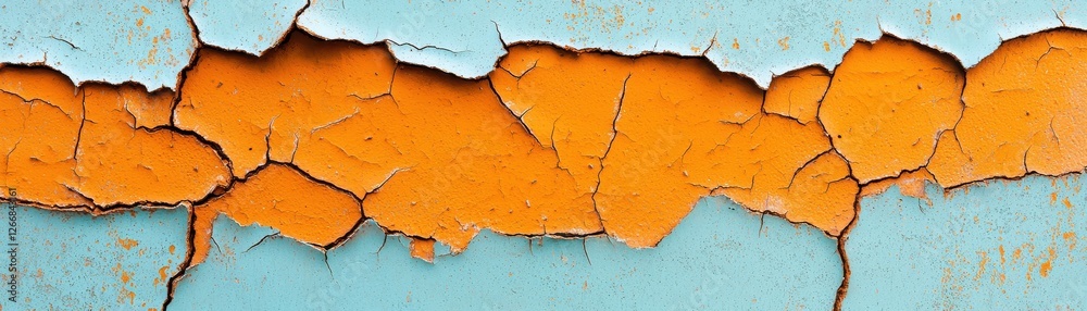 Fototapeta premium Vibrant Textured Background with Cracks and Peeling Paint in Orange and Blue Tones for Artistic Use