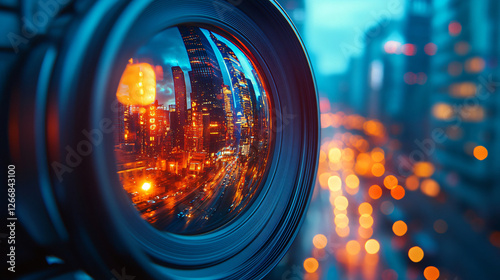 Close-up of a camera lens reflecting a vibrant city skyline with buildings and lights in the background