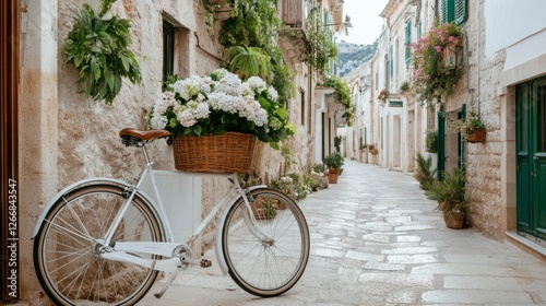 Charming narrow street with a bicycle adorned with blooming flowers in an ancient Mediterranean village bathed in warm sunlight. Generative AI