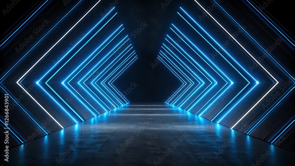 Fototapeta premium Futuristic Neon Lights with Glowing Blue Streaks on a Reflective Surface, Abstract Geometric Patterns, and Cyberpunk Aesthetic for a High-Tech Sci-Fi Environment