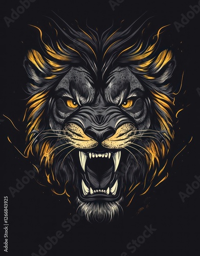 Lion roars with ferocious power, a symbol of strength and courage, graphic art print photo