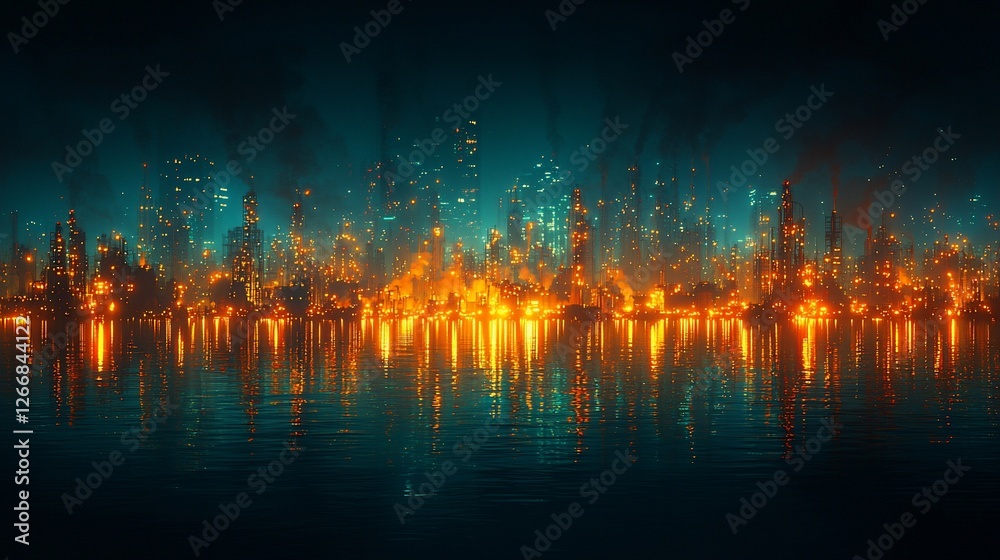 Fototapeta premium A vibrant city skyline engulfed in flames and smoke, reflecting on the water at night