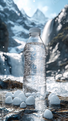 Sparkling mineral water bottle refreshing by mountain waterfall