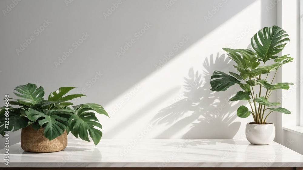 Soft Leaf Shadows on White Wall for Minimalist Spring Background Soft Leaf Shadows on White Wall for Minimalist Spring Background