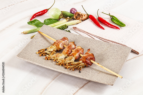 Thai Street foof satay with bacon and mushroom photo