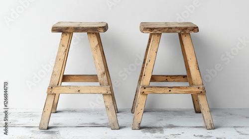 Two wooden stools and sawhorses on a white background in realistic photography